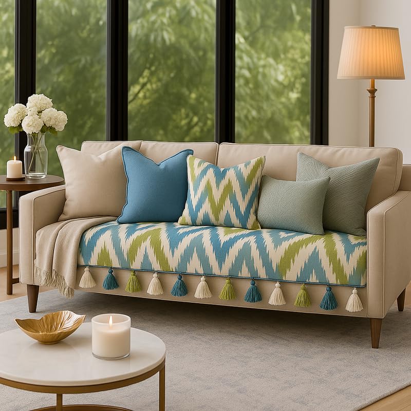 Aqua Wave Tassel Sofa Throw for L Shaped Sofa:l Shape 7 Seater Fully Covered Seat-3 3 l Sofa Throw-L Shape Sectional 3 Seater+Lounger +Ottoman|7 Seater Sofa Cover Set 4 Pc-2 Seat&2 Arm Rest Cover-image-2