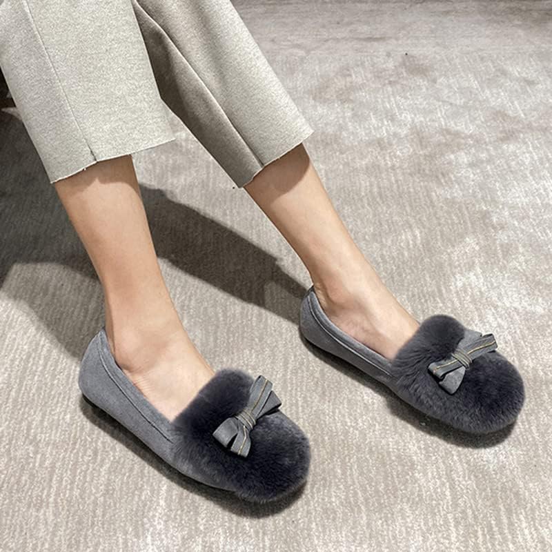 [PANLON] 暖かい 冬 モカシン 裏起毛 グレー 24.0cm ローファー ファー フラット 蝶結び ぺたんこ 歩きやすい パ