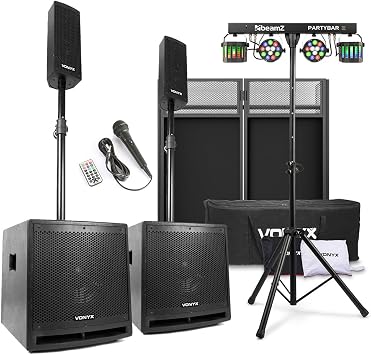 Vonyx VX1000BT DJ Package with Column Line Array Speaker, Foldable Mobile Booth, Beamz PartyBar2 Disco Light - Complete Professional Setup for Events & Live Performances