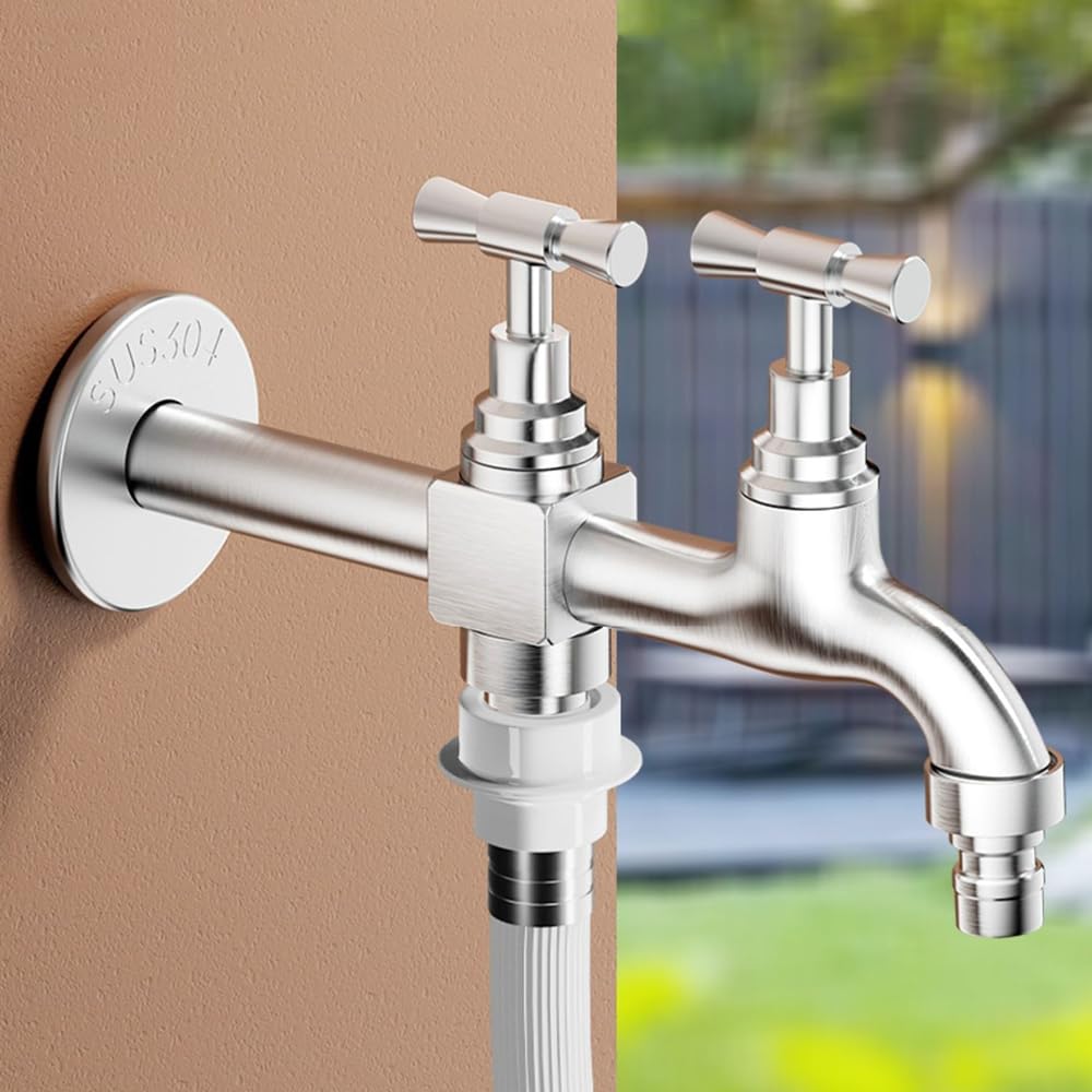 Grifo Jardin 1/2 Doble Salida Grifo Doble de Pared Exterior Jardin Acero Inoxidable Válvula de Doble Salida para Grifo Y Manguera de Jardin,150Mm