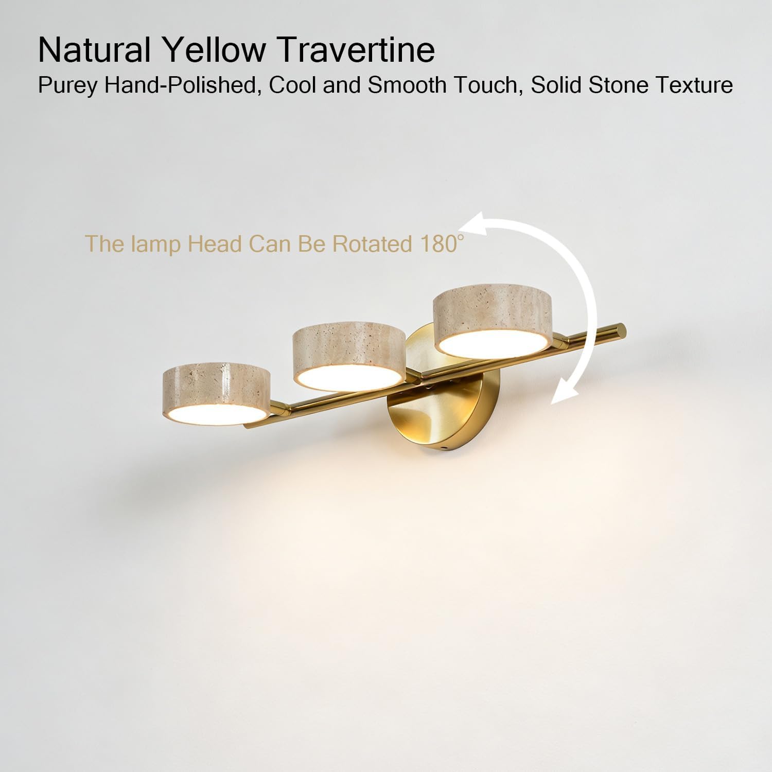 LED Mirror Light with 3 Travertine Stone Shades, Bathroom Vanity Light Fixture, 300° Rotatable Stone Lampshades, Modern Rustic Wall Lamp for Bedroom, Living Room, Hallway (Gold-Metal)