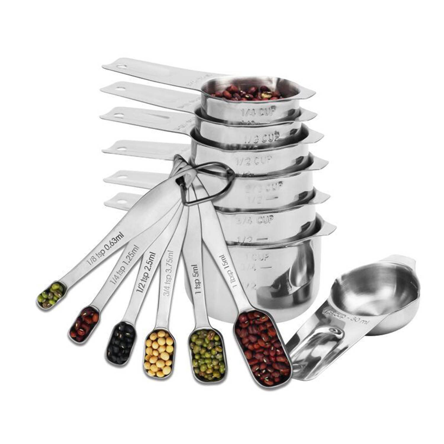 Lot de 13 Tasses et Cuillères à Mesurer en Acier Inoxydable 304 (18/8) Empilables Ustensiles de Cuisine Cuillère à Thé Carrée Robuste pour Séchage Humide