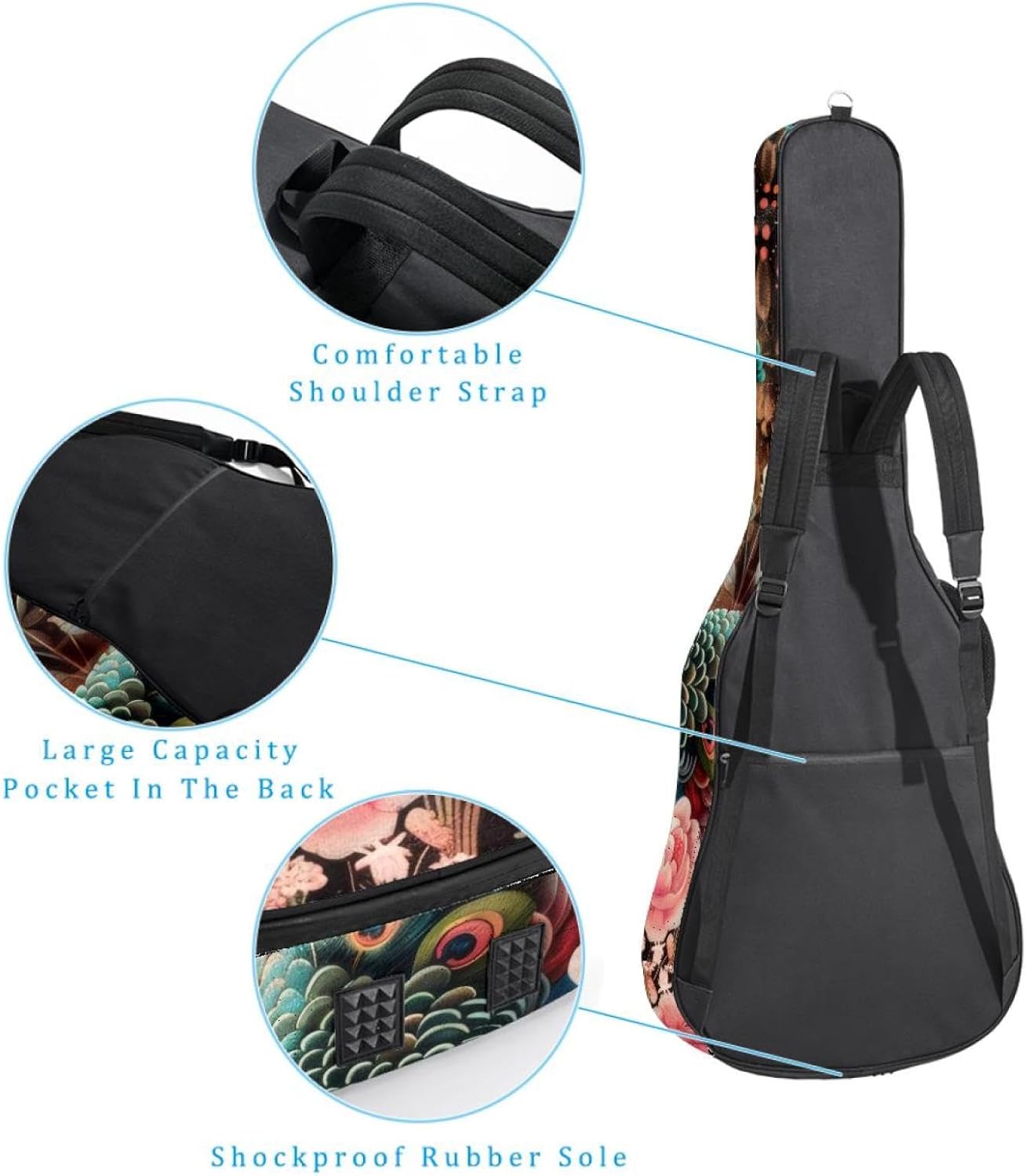 Acoustic Guitar Bag 0.4 Inch Thick Padding Waterproof Guitar Case Gig Bag for 40 41 42 Inch Electric Bass Classical Guitar, Aesthetic Peacock with Flowers