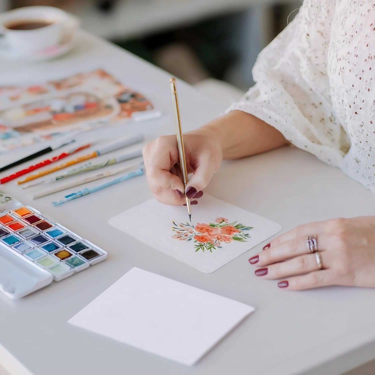 Watercolor Paper 140lb/300gsm, 50 Sheets Watercolor Cards with Envelopes, 4x6 Inch Water Color Postcards, Cotton Cold Press Non-Folded Thank You Card, Travel Watercolors Heavyweight White Art Paper - Image 6