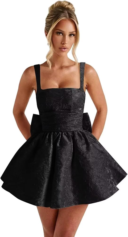 Black Short HOCO Dress with Bow Jacquard Satin Homecoming Dresses 2025 for Teens Square Neck A Line Graduation Prom Party Gowns US0 at Amazon Women's Clothing store