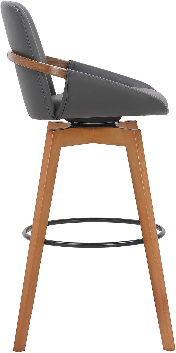Armen Living Baylor Mid Century Modern Swivel Bar Stool for Kitchen Island Counter in Gray Faux Leather and Walnut Wood, 30" Seat Height