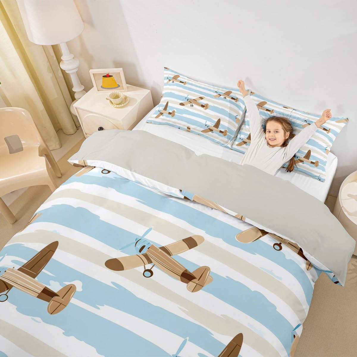 Homewish Retro Samolot King Zestawy Poszwa Na Kołdrę Kreskówka Latający Samolot Pościel Nowoczesna Kremowa Niebieskie Paski Kołdra Poszewka Śliczne Samoloty Zestaw Łóżek