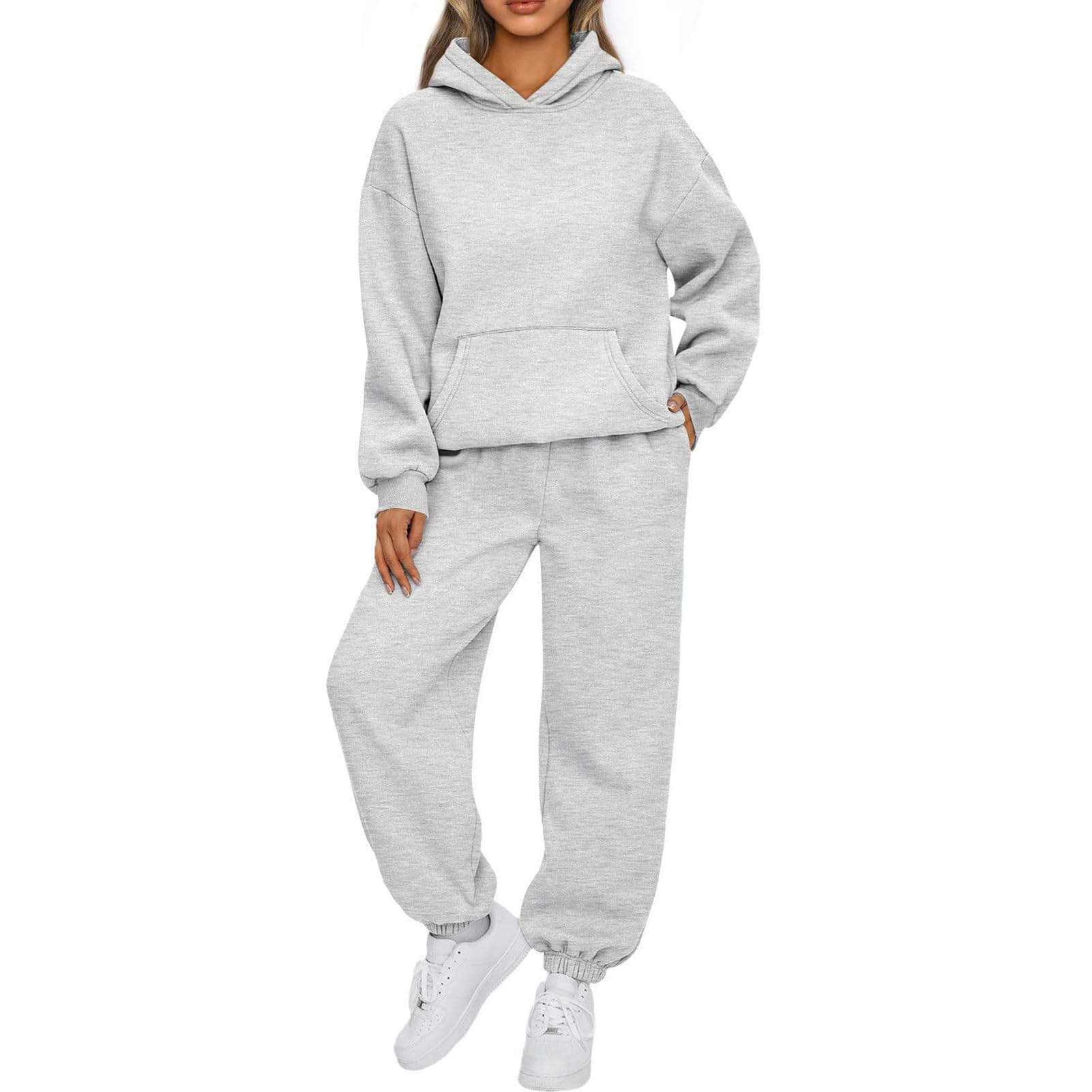 Womens Casual Two-Piece Sweatshirt Set - Long Sleeve Hooded Lounge Wear Soft Fabric Top and Pants Outfit Ideal