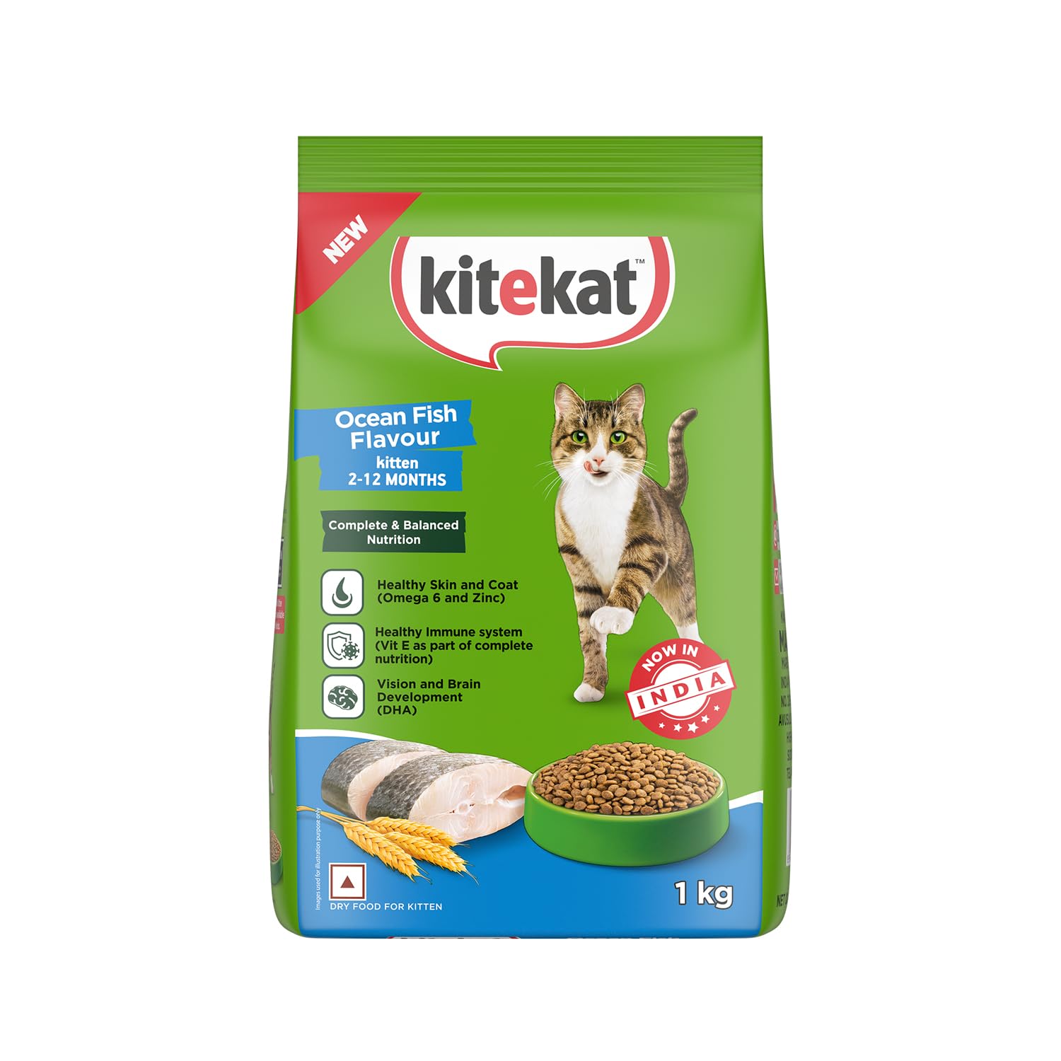 Kitekat Kitten (2-12 Months) Dry Cat Food, Ocean Fish Flavour, 1 kg | Complete and Balanced Nutrition