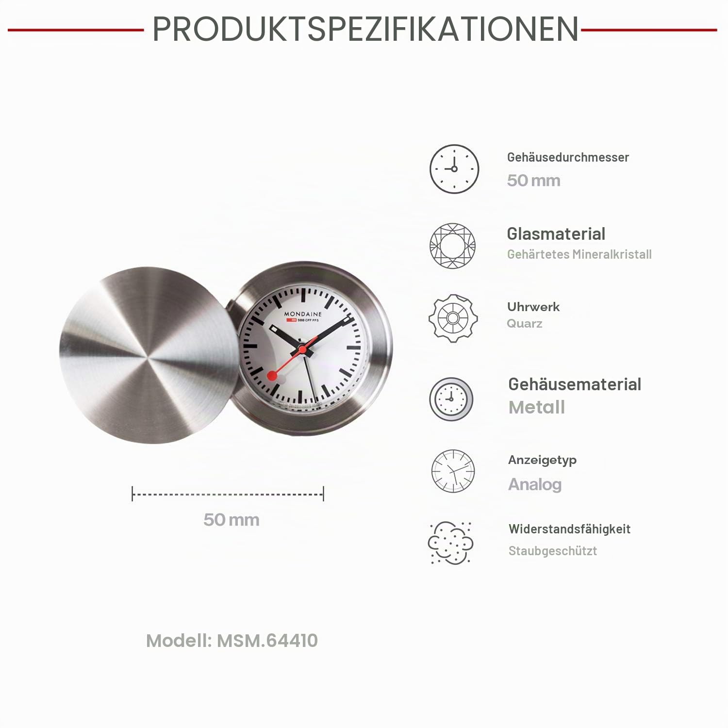 Mondaine - Wecker MSM.64410 Tischuhr 50mm - Bahnhofsuhr aus Messing gehärtetes Mineralglas staubbeständig mit rotem Sekundenzeiger - Tisch Uhr - Hergestellt in der Schweiz
