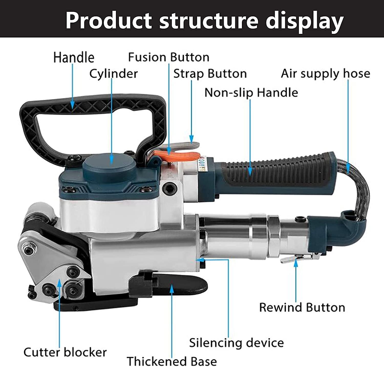 Reggiatrice pneumatica Portatile per reggette in PP/Pet, Larghezza del Nastro 13-19 mm, Tensione 3500 N, Corpo in Lega di Alluminio, reggiatrice Portatile