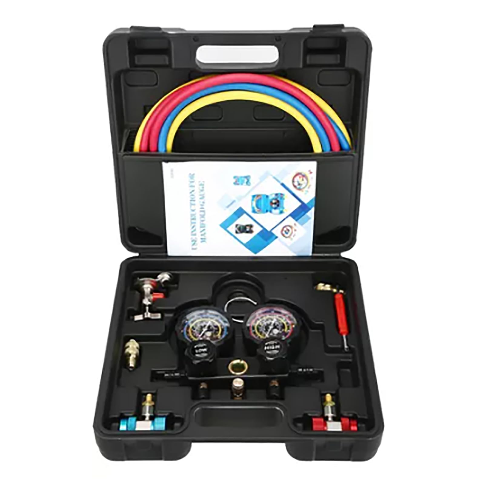 Qcwwy Juego de Manómetros de Colector de Refrigerante, R410A R22 R134a R404A Juego de Manómetros de CA Medidor de Presión de CA Herramientas de Reparación de Líneas de Aire