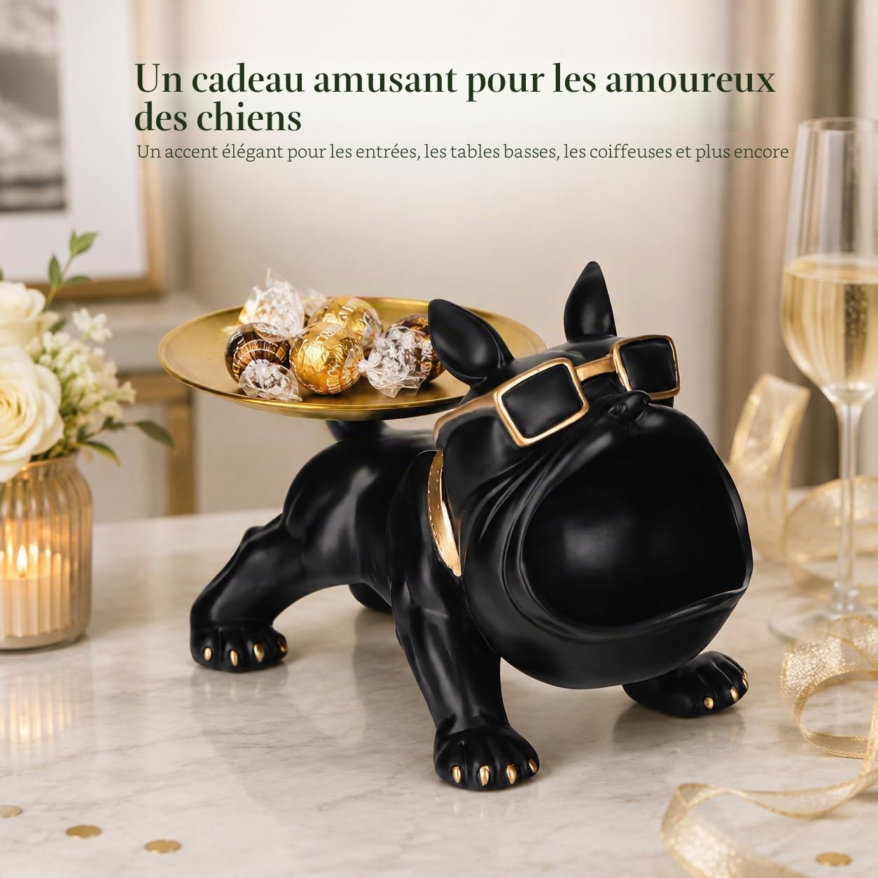 Bouledogue Français Statue Decoration Interieur,Vide Poche Entree,Vide Poche Plateau Decoratif,Rangement Clef,Statue en Résine,Statue Animaux Decoration Maison