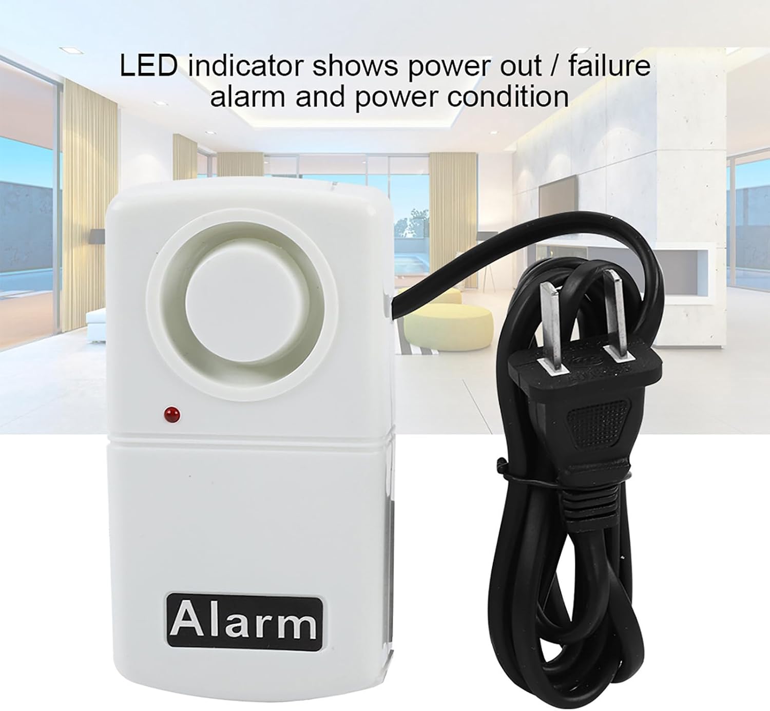 Sonew power cut alarm with text overlay 'LED indicator shows power out / failure alarm and power condition'.