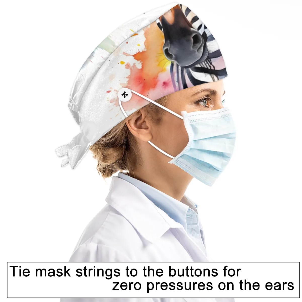 Mularoka Watercolor Zebras Working Caps with Button Sweatband Comfortable Adjustable Bouffant Hats Work Hat for Women Men