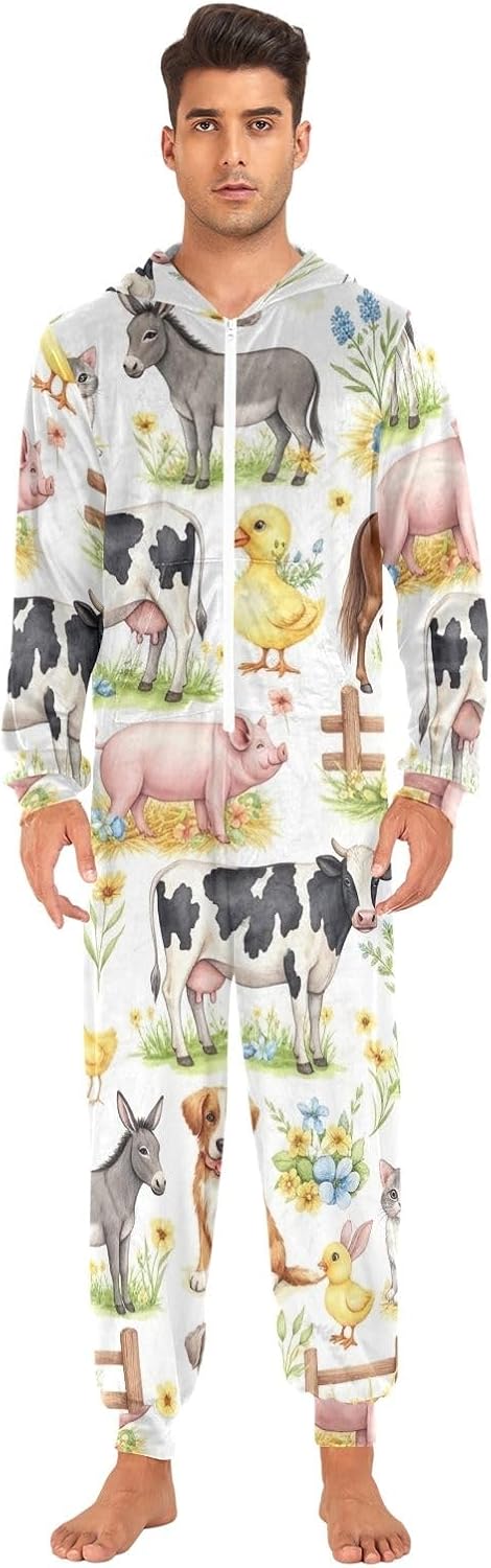 GAIREG Cute Cartoon Farm Animals Adult Onesie Pajamas Hooded One Piece Loungewear for Men Women Zip Front