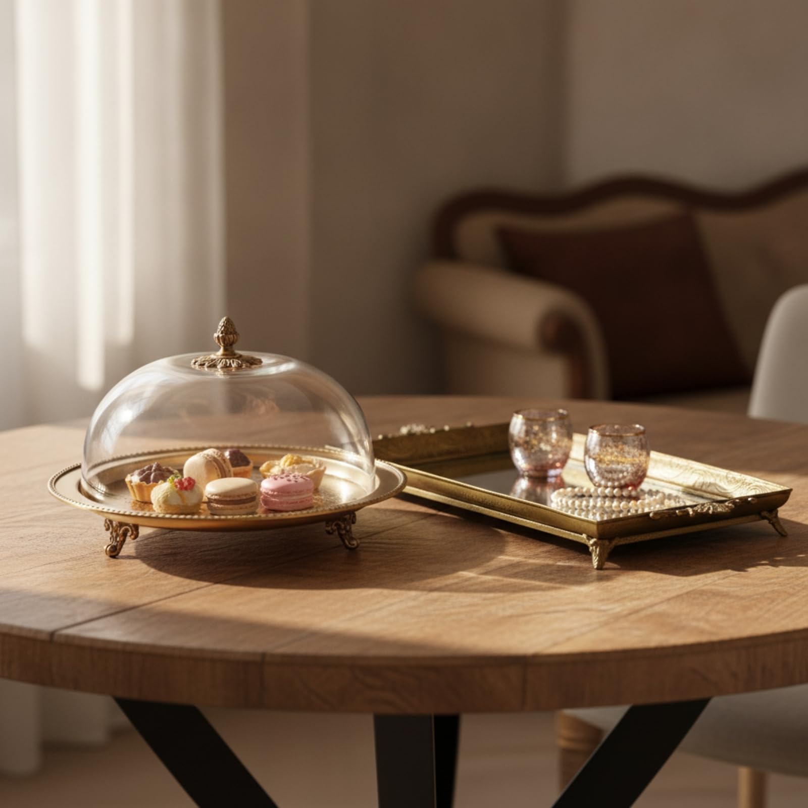 Alzata per Dolci Vassoio Espositore Centrotavola in Ottone E Vetro con Due Ripiani E Manico Ad Anello Struttura Stabile E Vassoi in Vetro Trasparente , Retro Mirror Tray
