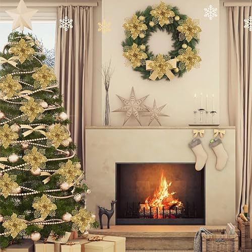 Miniatura 8 de 10 flores artificiales de Navidad de flor de pascua, lentejuelas con purpurina, adornos para árbol de Navidad, decoraciones de flor de pascua para