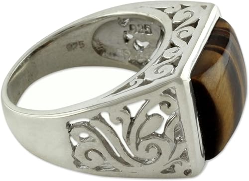NOVICA Artisan - Anillo de ojo de tigre hecho a mano para hombre, hecho a mano, plata de ley 925, marrón, piedra única, "Warmth"