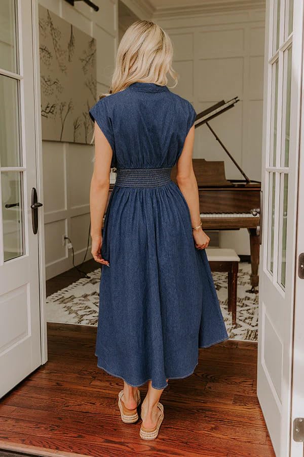 utcoco Womens Denim Dress Sleeveless V Neck Zip Up Smocked High Waist Ruffle A Line Long Midi Jean Dresses4