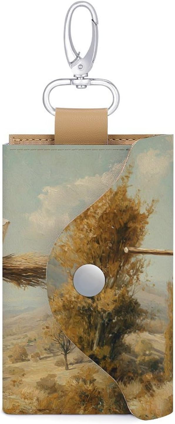 Vintage Flying Halloween Ghost on Broom Key Holder Bag PU Leather ID Card Holder Keychains Case Cover for Men Women