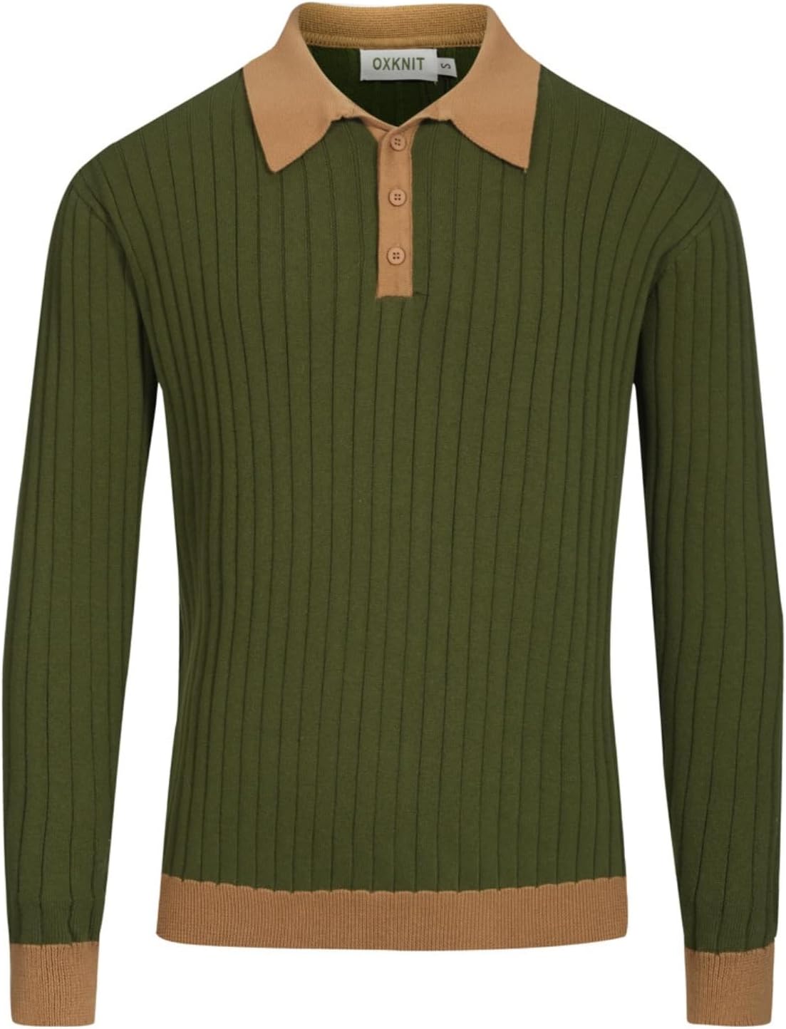 OXKNIT Knitted Long Sleeve Polo Shirts for Men, 1960s Mod Retro Texture Pullover Sweater with Quarter Button
