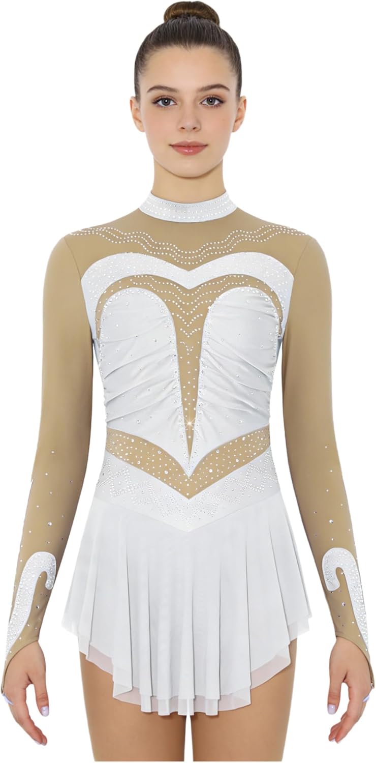 Women's Long Sleeve Figure Ice Skating Dress Roller Skating Gymnastics Leotard Dress Lyrical Dance Costumes