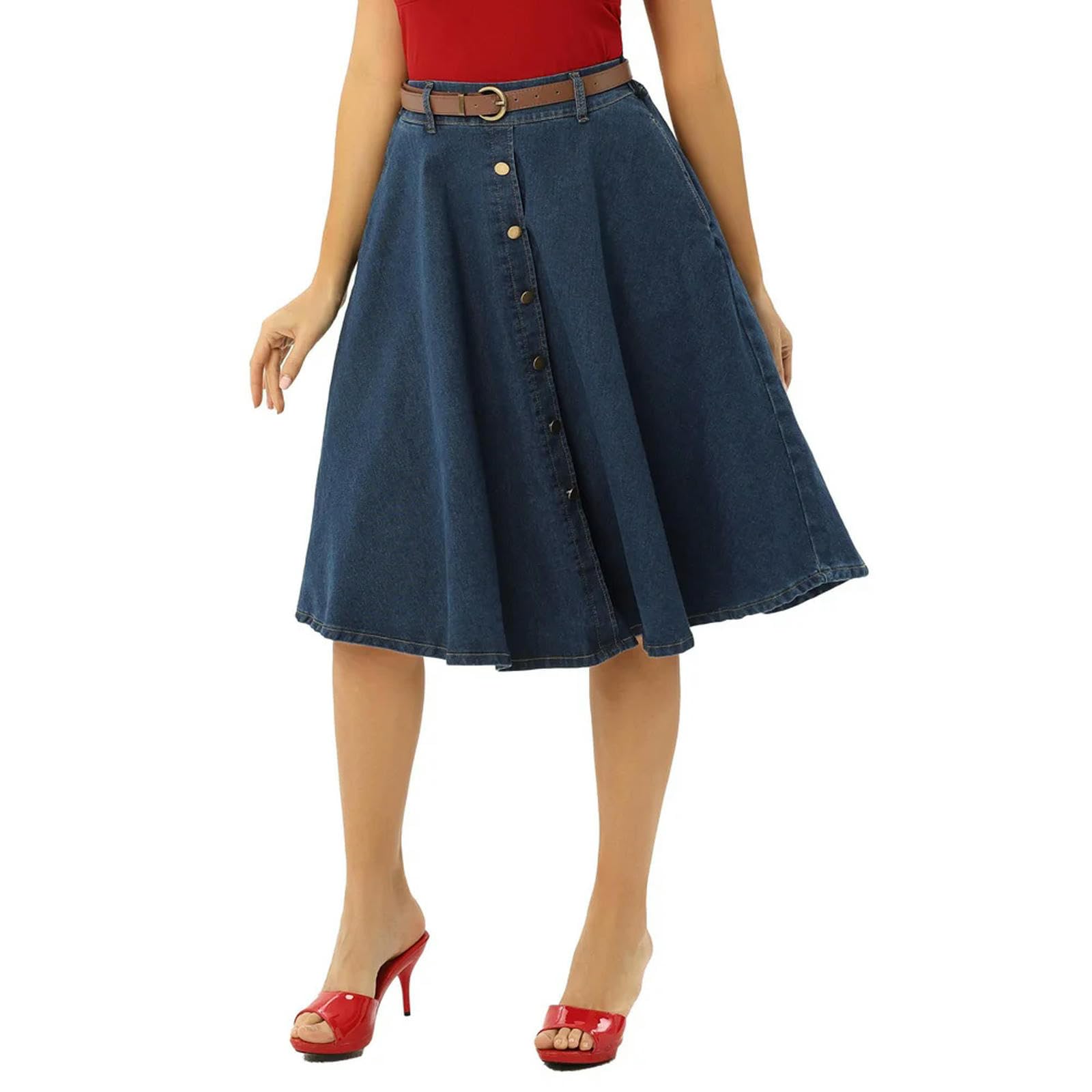 Gonna di Jeans con Cintura da Donna Gonna Longuette a Trapezio a Vita Alta Elasticizzata Gonna con Tasche Decorate con Bottoni da donna-4-M