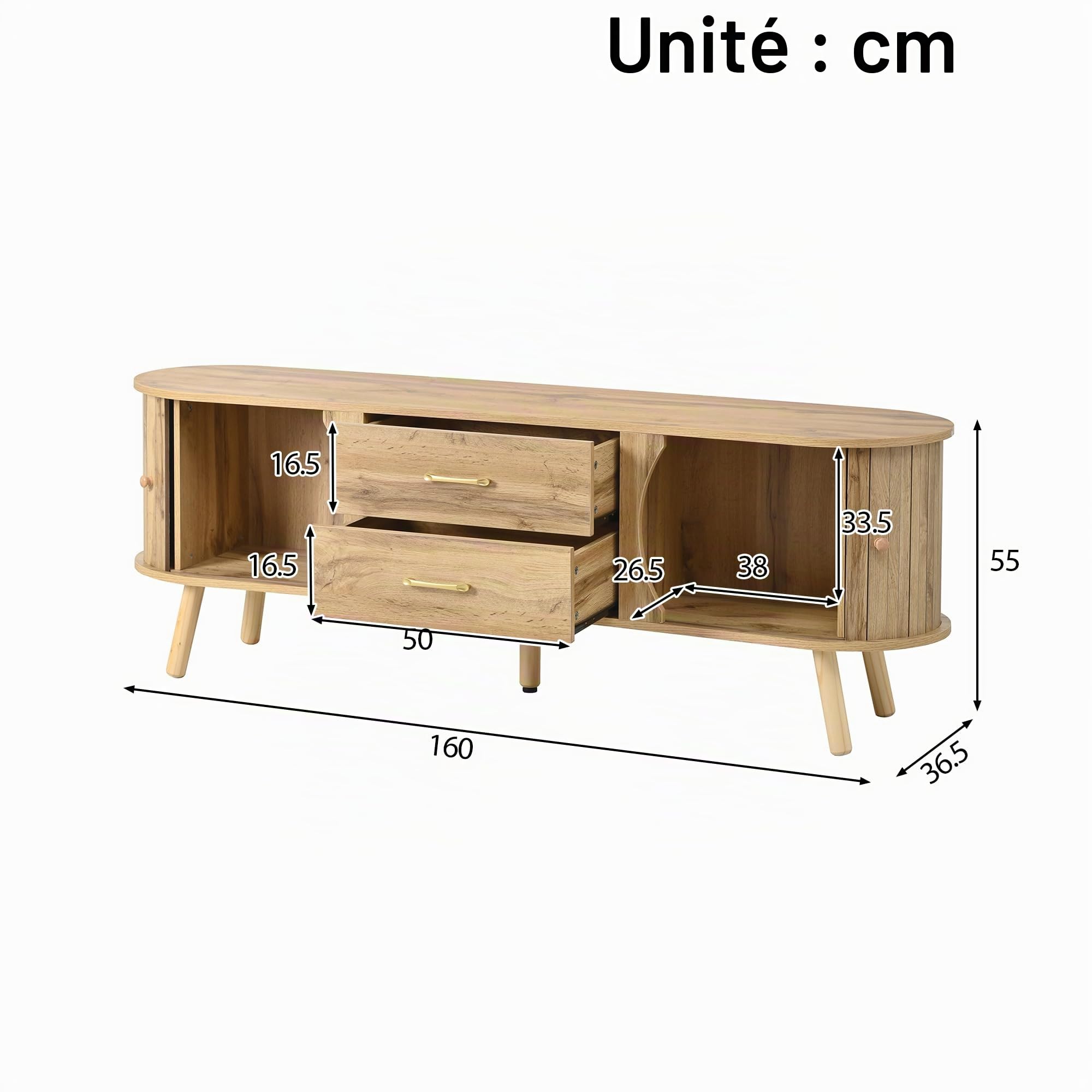 Ensemble de salon 3 pièces de style japonais avec meuble TV bas buffet et table basse en forme de pois organique avec portes coulissantes aspect bois avec pieds en bois massif chêne naturel