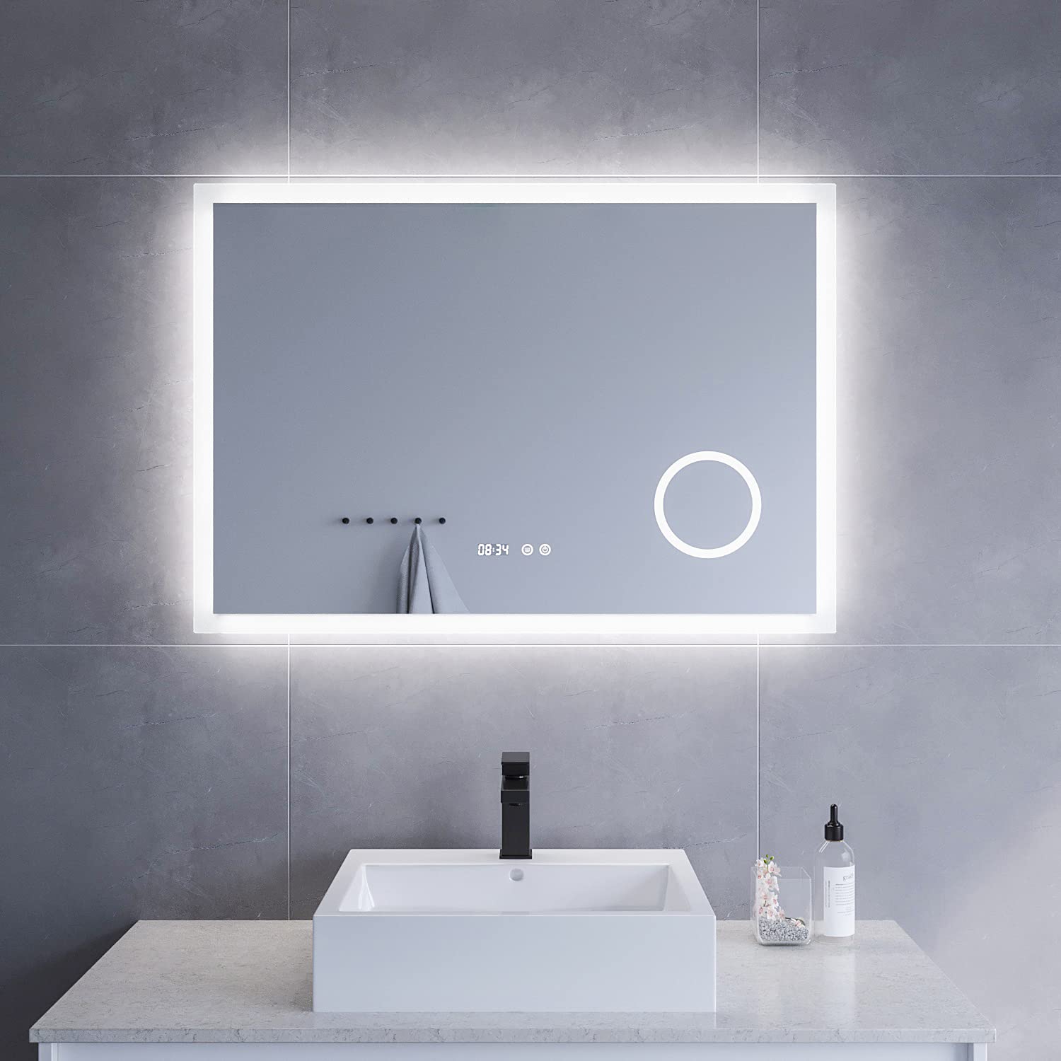AQUABATOS Badspiegel mit LED Beleuchtung 100x70cm Badezimmerspiegel Uhrzeit Antibeschlag Dimmbar Touch Schalter Lichtspiegel Wandspiegel Kosmetikspiegel Kaltweiß für Wandschalter
