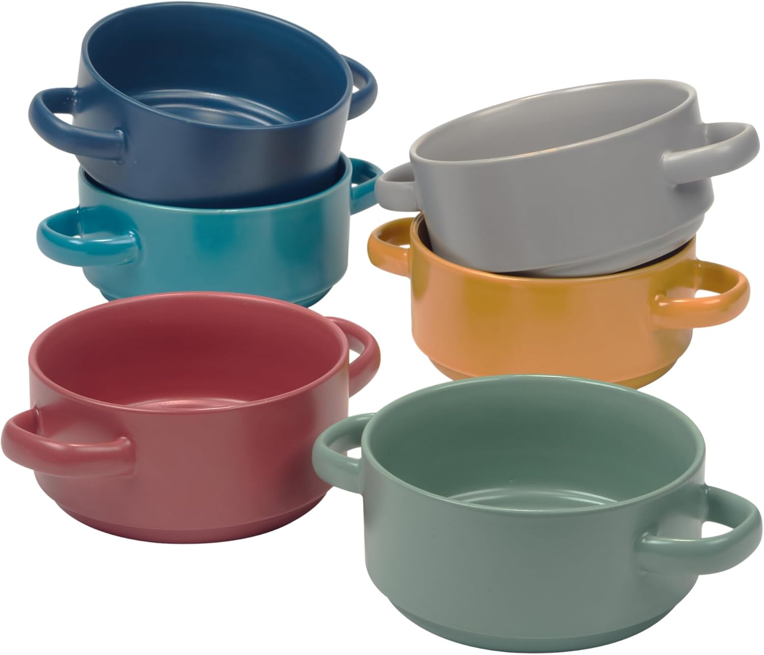 Stoneware 22oz Matte Glaze Soup Crocks Set of 6: Perfect for hearty soups and casseroles. Durable, oven-safe, microwave and dishwasher-friendly with dual handles.