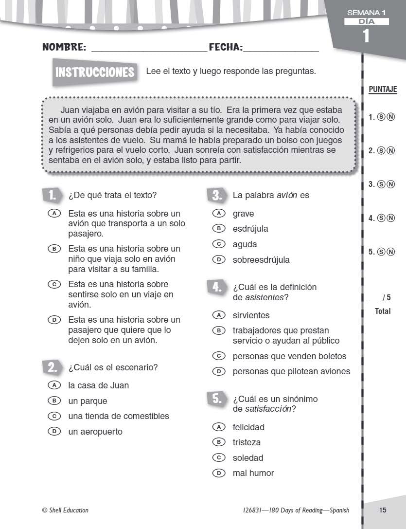 180 Days(tm): Reading for 3rd Grade Spanish Practice Workbook for Classroom and Home, Cool and Fun Practice Created by Teachers (180 Days of Practice) (Spanish Edition) - Image 5