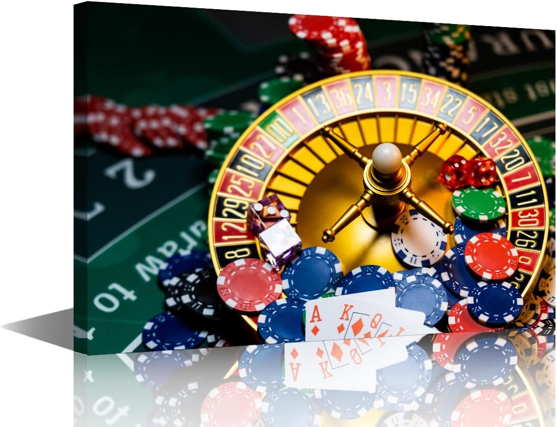 TUMOVO Canvas Wall Art Playing Cards and Poker Chips Casino Pictures Posters, 1 Panel Modern Wall Art for Home Decoration, Casino Posters Artwork Wooden Framed Ready to Hang, 36" Wx24 H