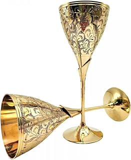 Royal Brass Drinkware Set Of 2 | Engraved Brass Goblet Champagne Flutes Coupes Wine Glass Set for Valentine's Wedding Christmas Housewarming Gifts |Clubs (Golden)
