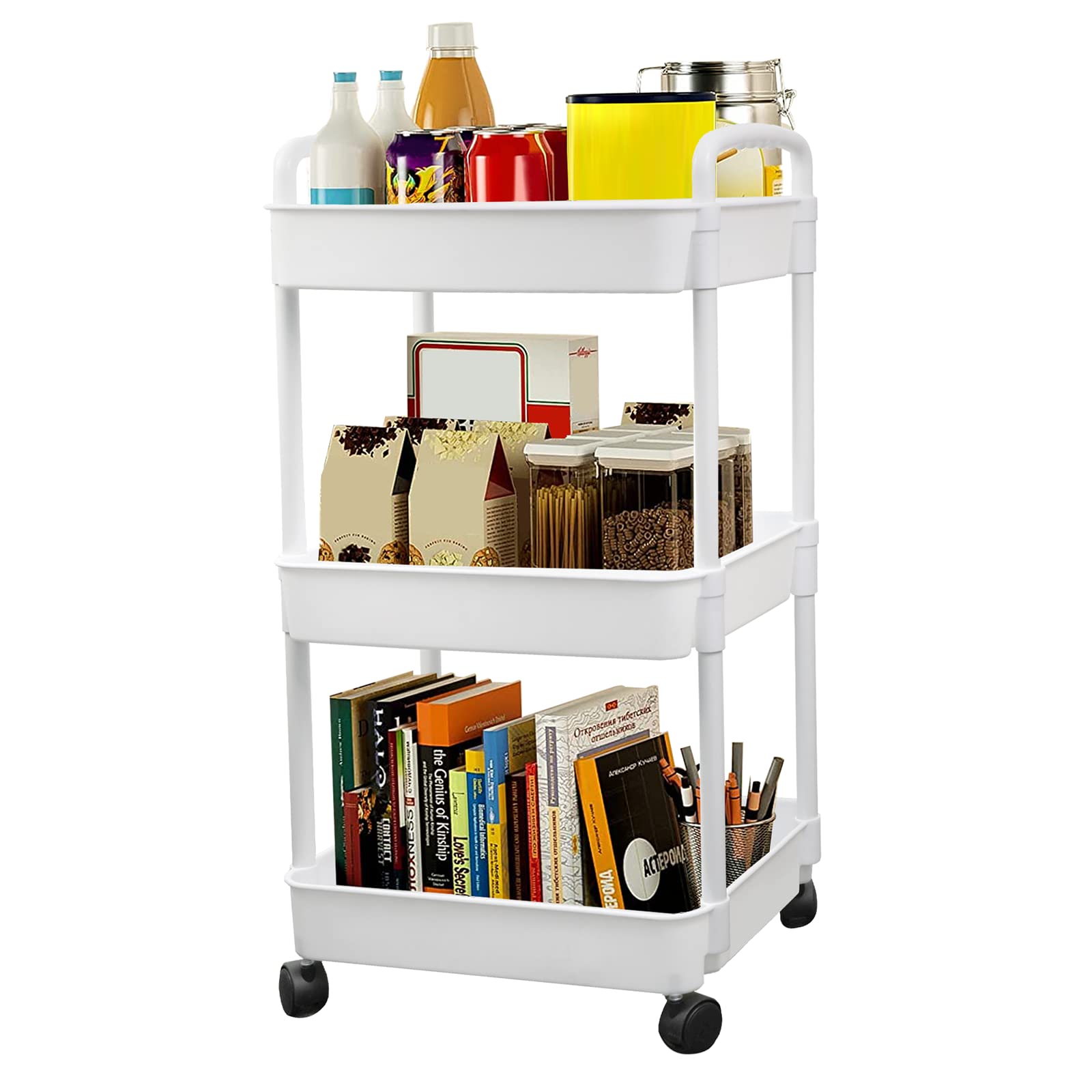 EZ COZY 3-tier Storage Trolley On Wheels - Kitchen Storage Utility Cart Rolling Storage Organiser for Kitchen Bathroom Laundry and Office, White