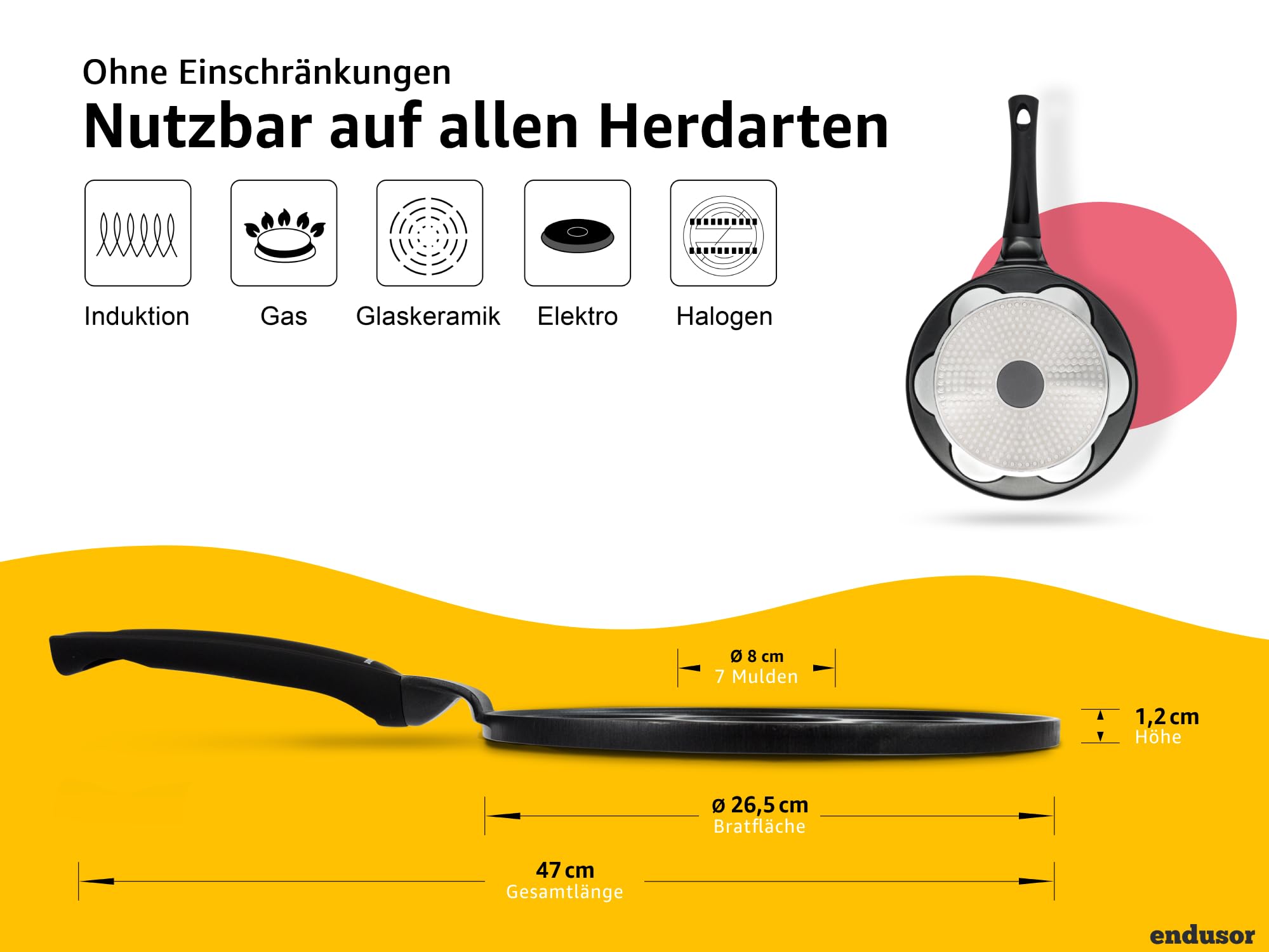endusor Pancake Spiegeleipfanne mit Smiley | Ø 26 cm | mit [PowerShield] Beschichtung | Induktion | Elektrisches Keramikgas | 7 Mini-Eierformen für Pancakes Spiegeleier Poffertjes