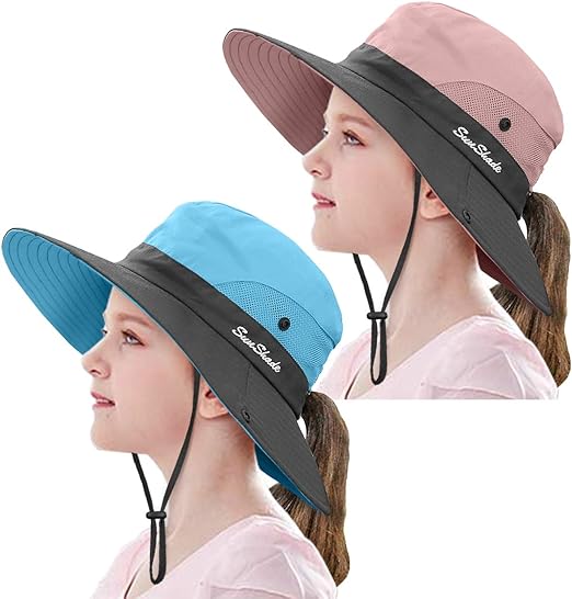 2 Pieces 5-14Y Kids Summer Sun Hat Wide Brim UV Protection for Girls Ponytail Beach Bucket Cap