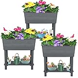 Megawodar 3 Pcs Self Watering Elevated Raised Garden Bed, Large Outdoor Plastic Planter Box Big Flower Plant Pot for Planting Flowers Vegetables and Herbs (3, Dark Grey)