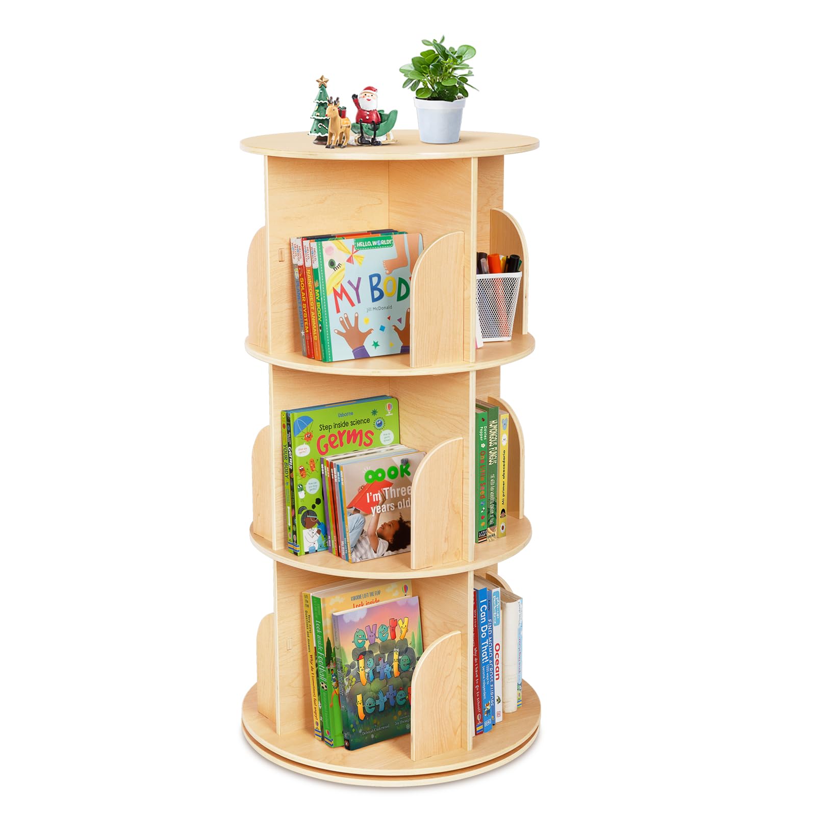OOOK Rotating Bookshelf, Small Corner Bookshelf for Small Space, 360° Display 3 Tier Floor Standing Bookcase Storage Rack, Wooden Narrow Bookcase Organizer for Bedroom, Living Room