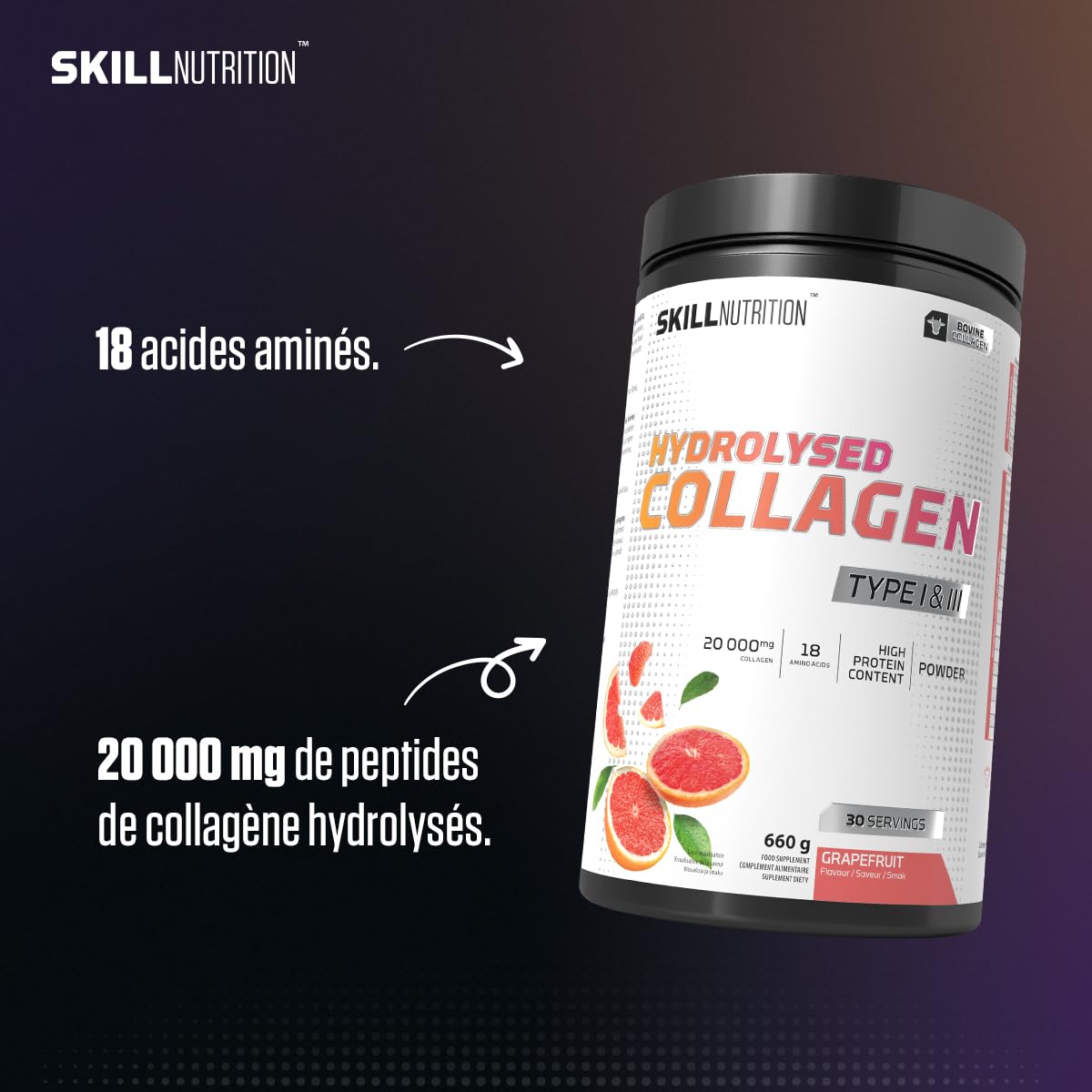 SKILL Nutrition Peptides de Collagène Hydrolysé Type I & III | Saveur Pamplemousse | 18 Acides Aminés : Glycine, Proline | Haute Biodisponibilité | Peau, Cheveux & Articulations | 660g