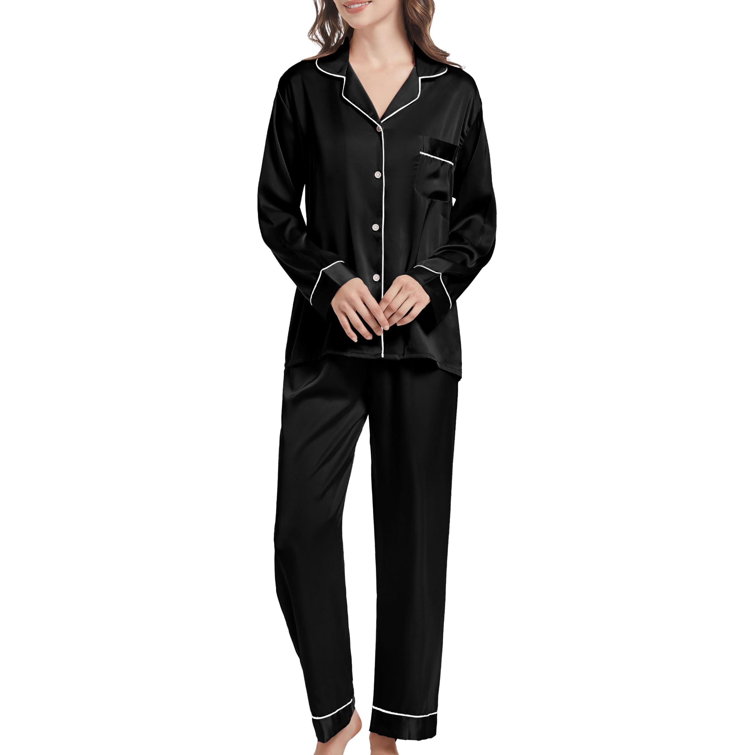 JCQIGOA Seta Donna Pigiama a Maniche Lunghe Set Pigiama Donna Lungo Set Pezzi Loungewear Pigiama da Notte Lungo Pigiama da Notte