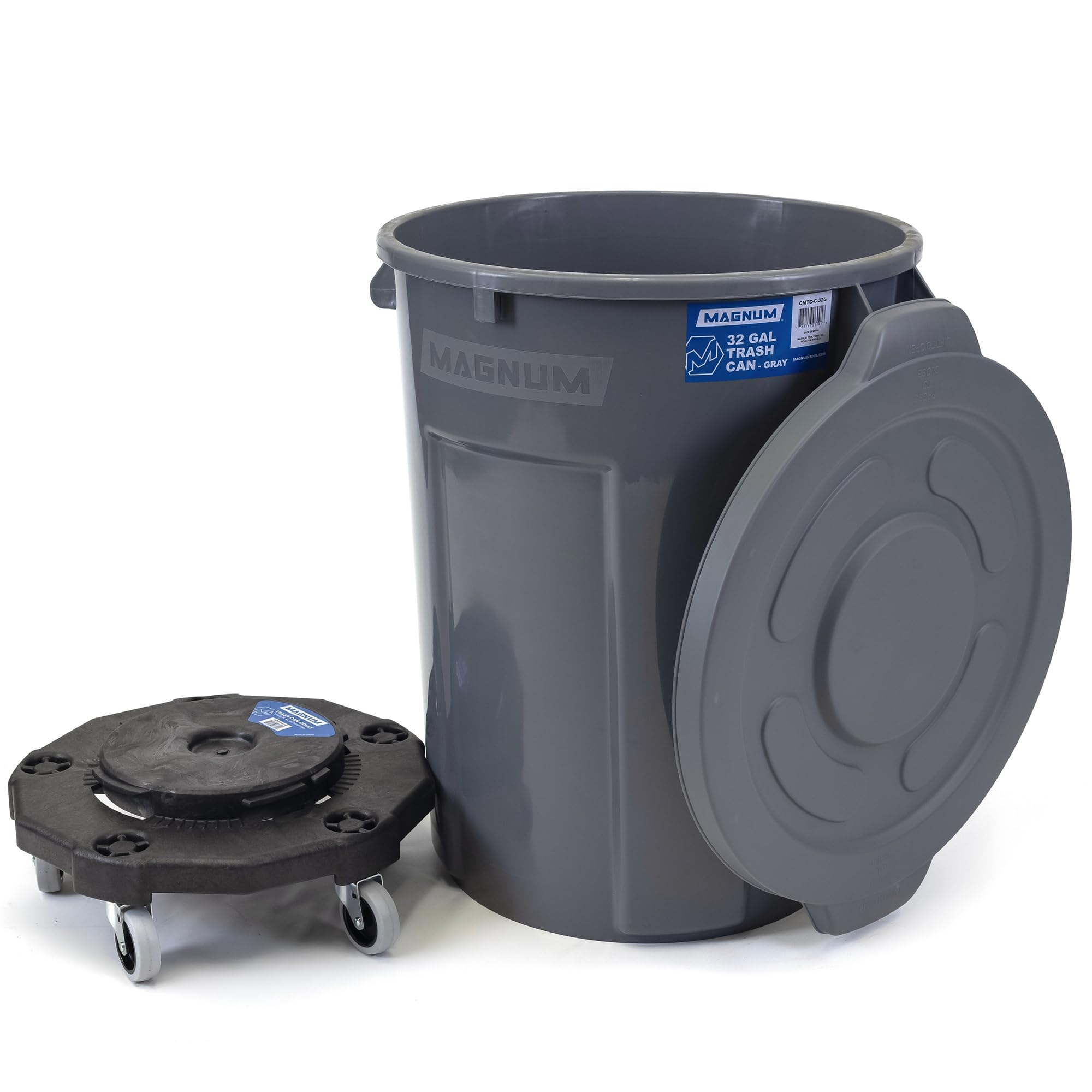 Magnum Gray 32 Gallon Trash Can Set (Trash Can, Quiet Dolly, and Reinforced Lid), Construction Grade, Jobsite Ready, Non-Marking Wheels & Casters for