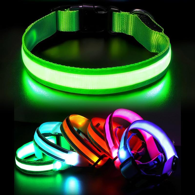LED Dog Collar – Rechargeable Light Up Dog Collar for Night Walking, Waterproof Adjustable Nylon Pet Safety Collar with USB Charging for Small, Medium, and Large Dogs (Green, Medium)