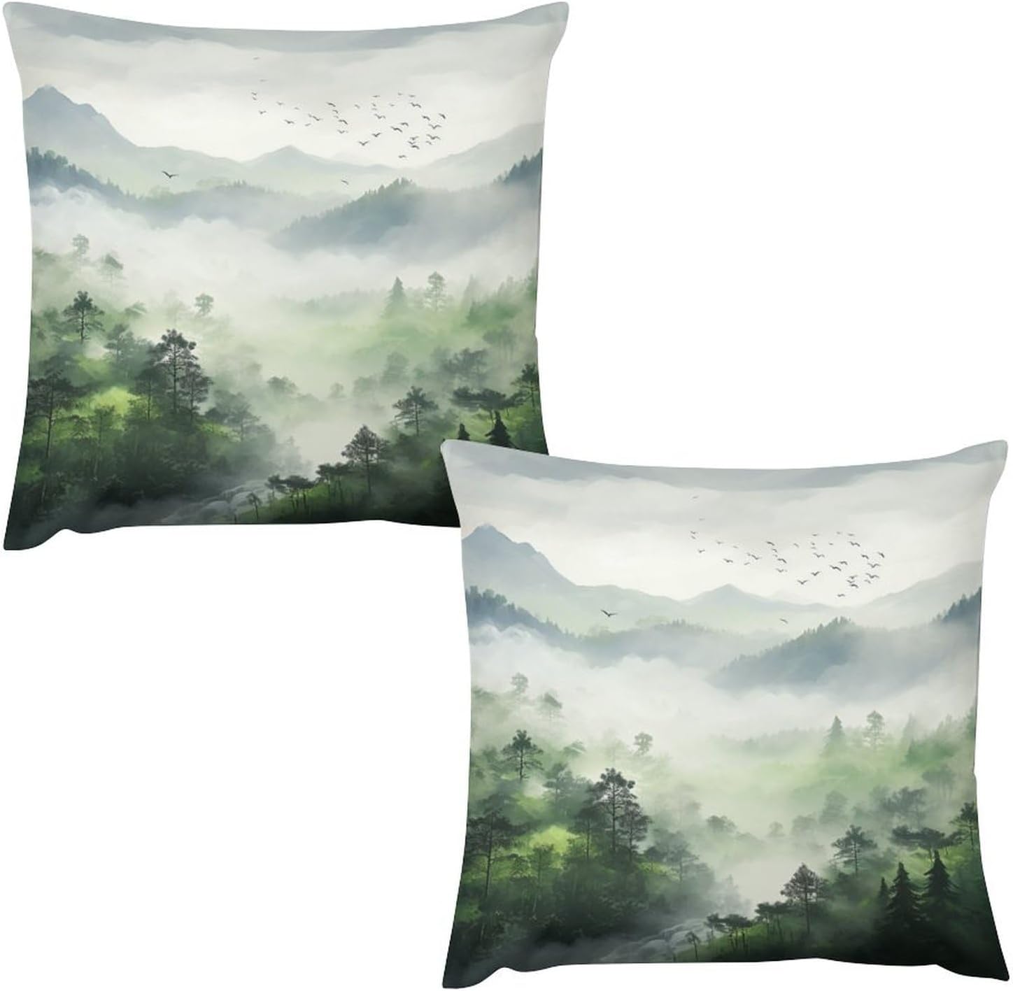 Misty Forest Pillow Covers Set of 2, Green White Nature Tree Mountain Throw Pillow Covers 20x20 Inches Cotton Square Pillow Cover Set for Couch Bed Living Room Outdoor Decor 20 "x20