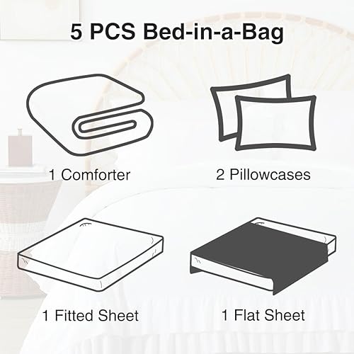 Miniatura 8 de Holawakaka Juego de edredón con volantes blancos tamaño Queen, juego de ropa de cama ligero con volantes de granja, vintage, ultra suave, esponjoso,