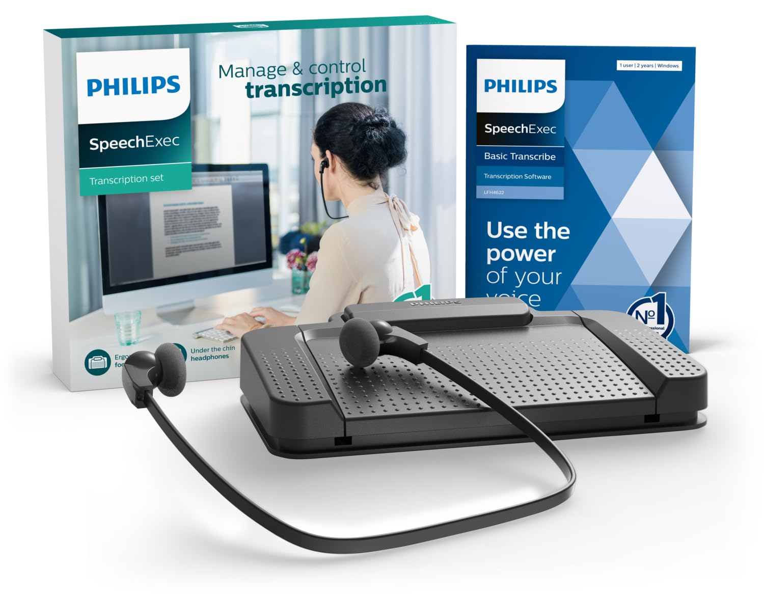 Philips LFH7177/06 Wiedergabe-Set, ergonomischer USB-Fußschalter ACC2330, Stereo-Unterkinn-Kopfhörer LFH0334, inkl. Software SpeechExec Basic Transcribe 2-Jahres-ABO