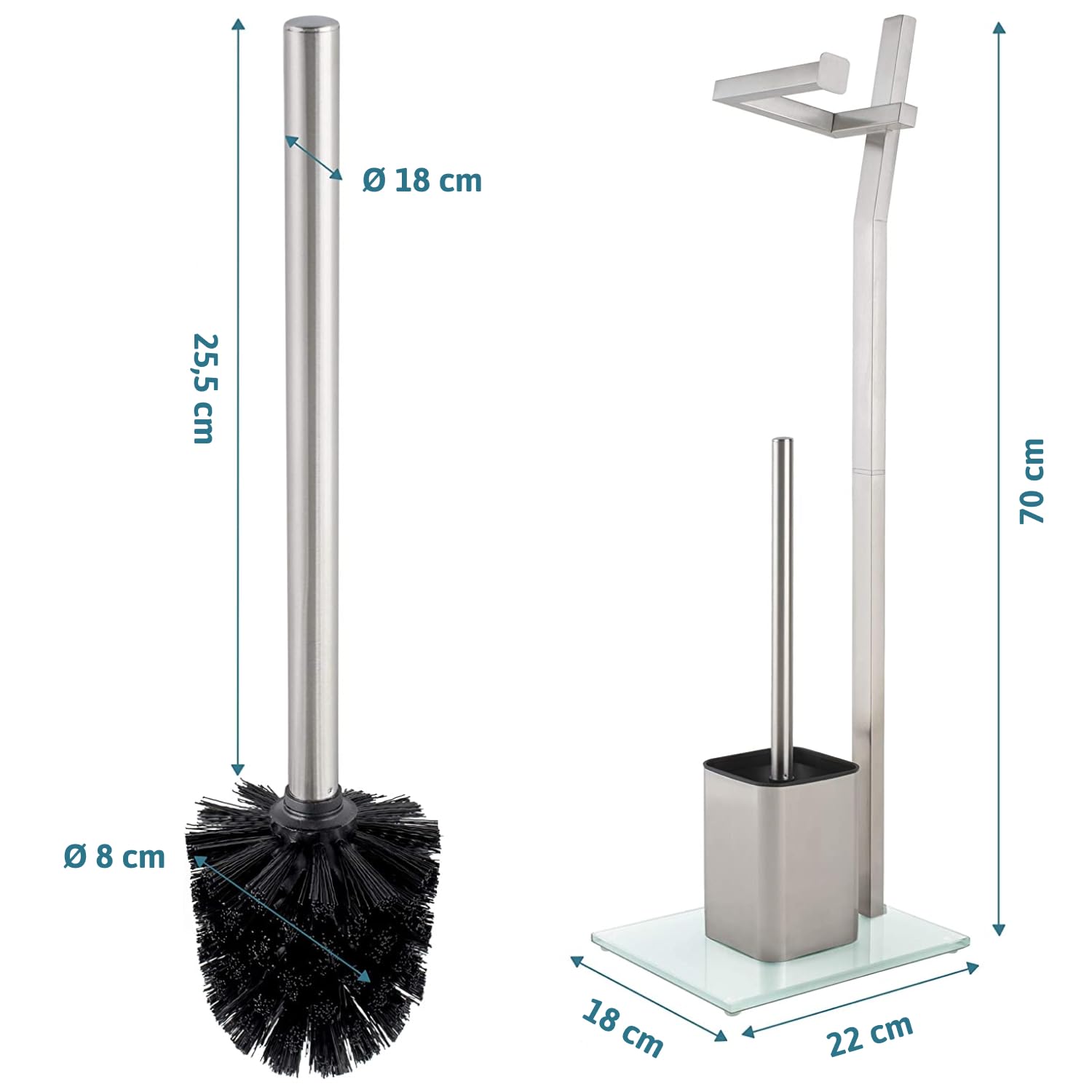 Set Wc Piantana Con Portarotolo - Bianco - Porta Scopino In Acciaio Inossidabile – Base In Vetro –Dim.: 32X20X70Cm– Installazione Facile –Plus: 1+2 Testate Di Spazzole Di Ricambio!… B07Zmhlhmm