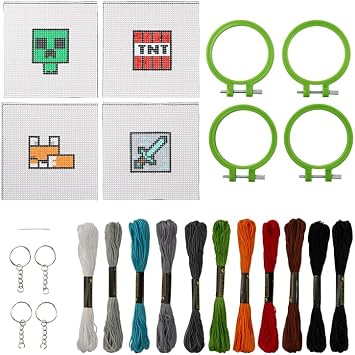Paladone Minecraft Officially Licensed Cross Stitch Charm Set of 4, Creeper, TNT, Sword and Fox, Idea Gamer Gift for Boys and Gifts, Arts and Crafts DIY Gaming Decor and Accessory