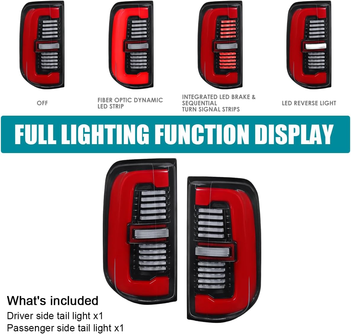 SPEC-D TUNING Full LED Jet Black Tail Lights w/Red LED Sequential Turn Signals and Startup Animation Compatible with 2019-2024 Dodge RAM 1500, Left + Right Pair Assembly