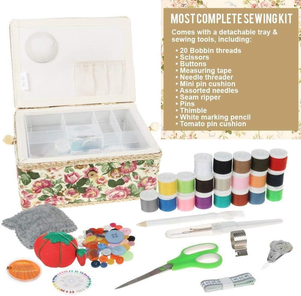 Basic Sewing Basket with Complete Sewing Kit Accessories Included Wooden Beginners Sewing Kit with Removable Tray and Tomato Pincushion for Mending - Beige Flower Pattern